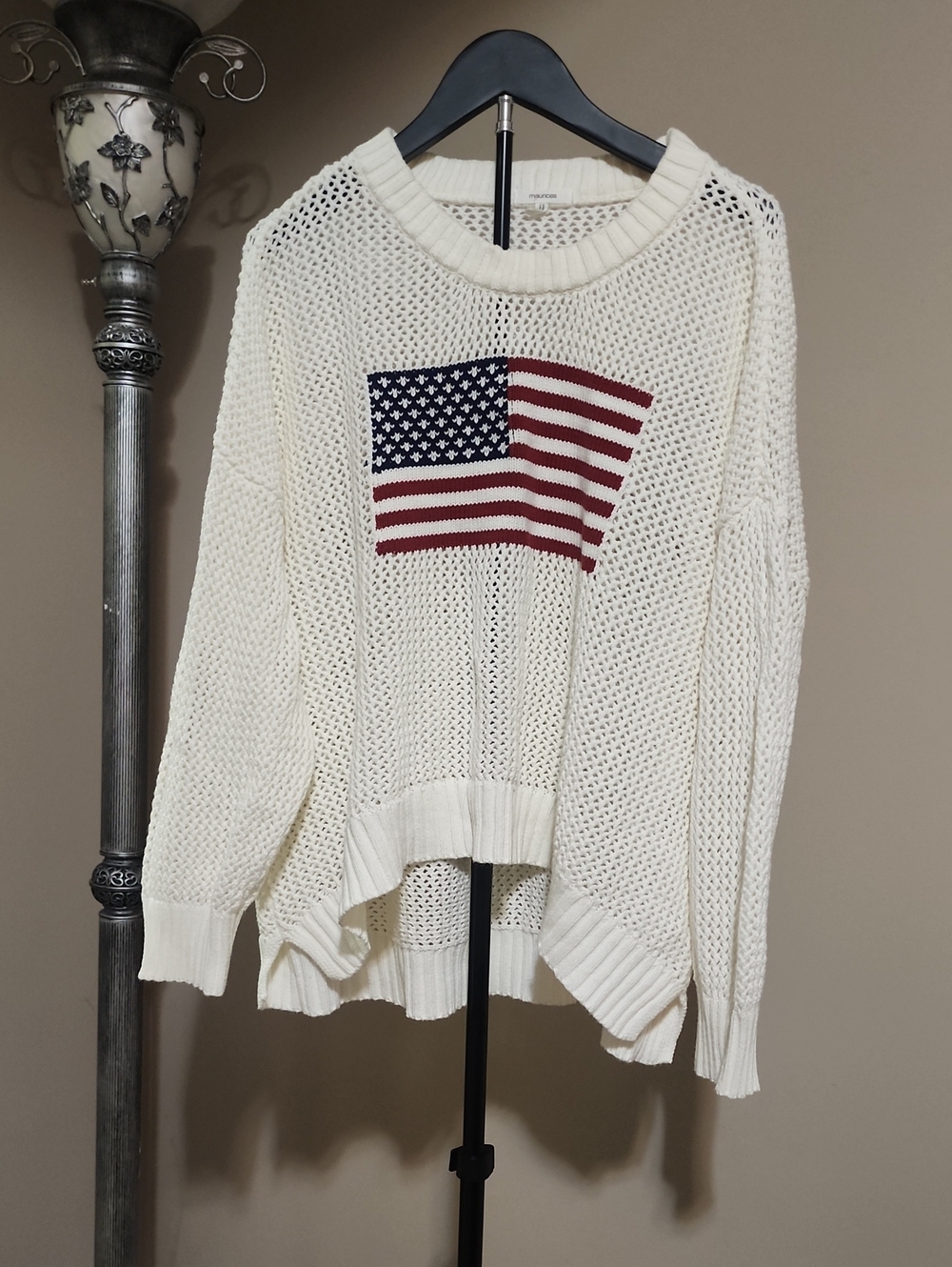 Maurices Cream Open-Knit Crewneck Sweater with Flag Patch